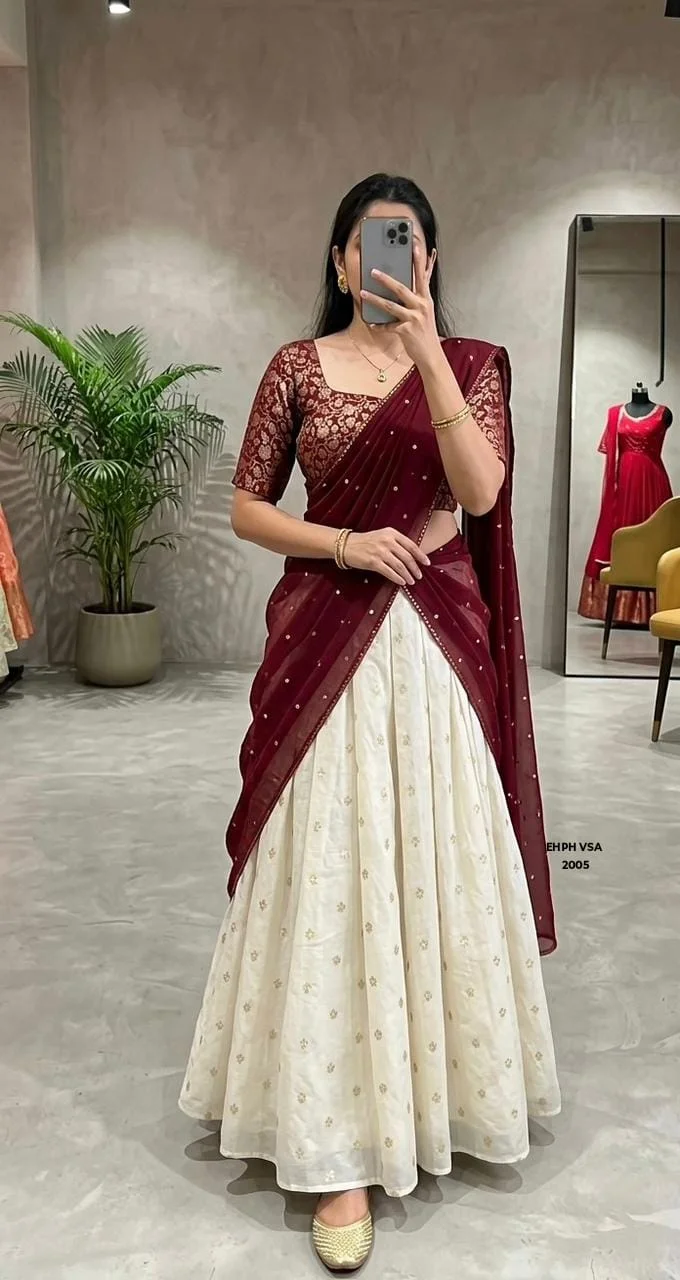 Cream Lehenga with Maroon Dupatta – Cream & Maroon